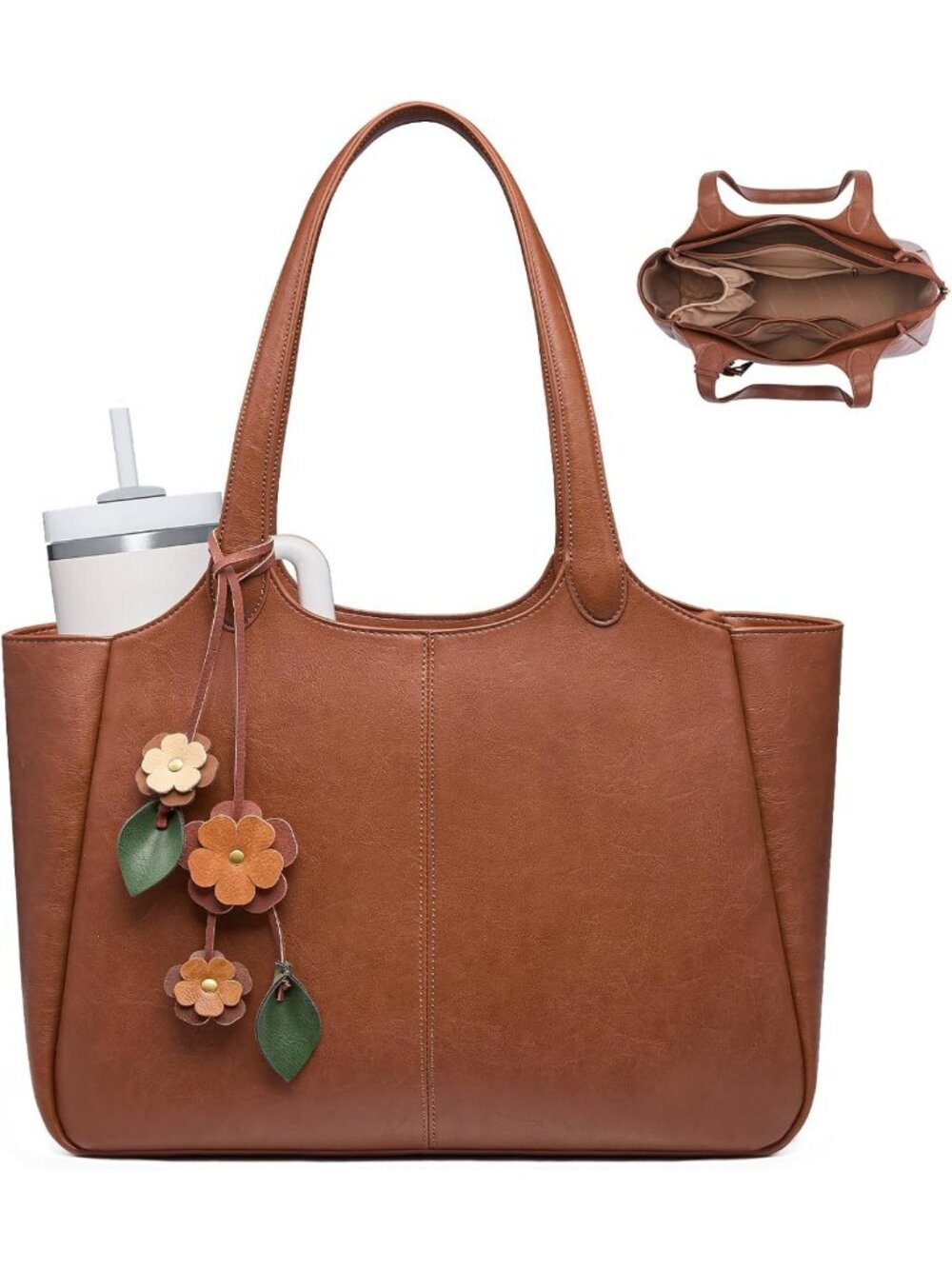 Stylish Leather Tote Bag for Women, Work Shoulder Bag with Cup Holder, Versatile